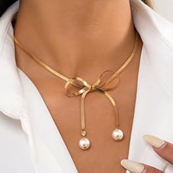 Bohemian Bow Choker Pearl Pendant Necklace on Gold or Silver Plated Tone - Picture 5 of 13